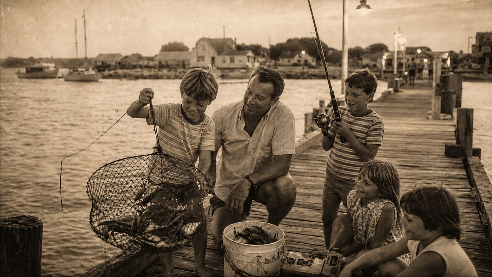 Nostalgic family fishing and crabbing on an old Port Aransas pier